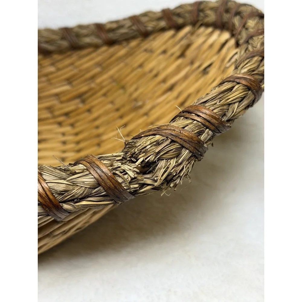 Antique Winnowing Basket Bamboo Tray Egg Shaped Bohemian Primitive Rustic 22x11